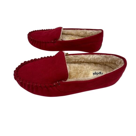 Floöpi Women Red Faux Suede Moccasin Slippers Sherpa Lined Memory Foam Sz 9 - Picture 6 of 9
